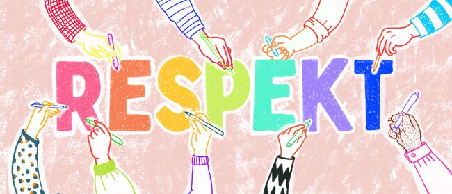 verschiedene Hände mit Stiften zeichnen das Wort Respekt, das Bild zeigt Vielfalt durch bunte Farben und diverse Formen