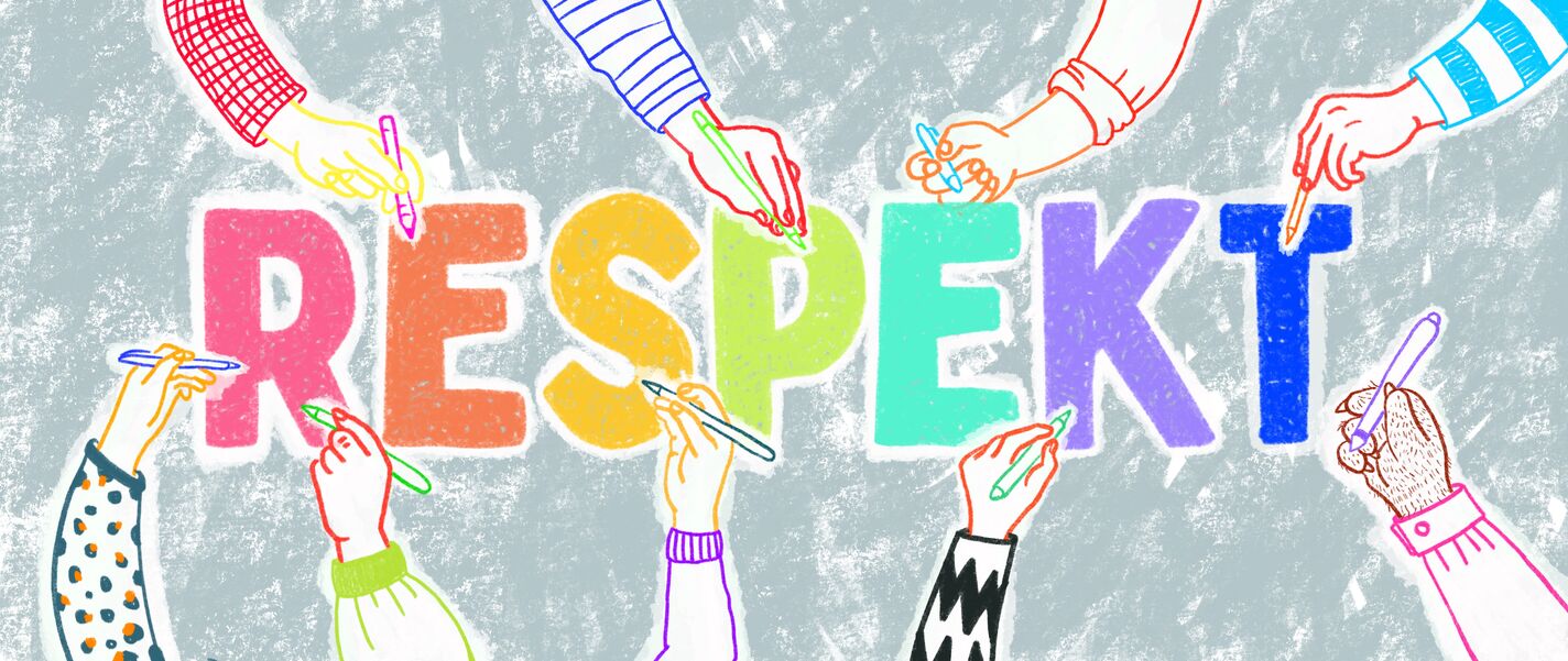 verschiedene Hände mit Stiften zeichnen das Wort Respekt, das Bild zeigt Vielfalt durch bunte Farben und diverse Formen