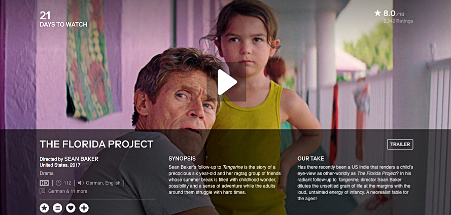 The Florida Project (2017) on the specialised subscription platform MUBI in Germany (screenshot taken on 16 March 2020)